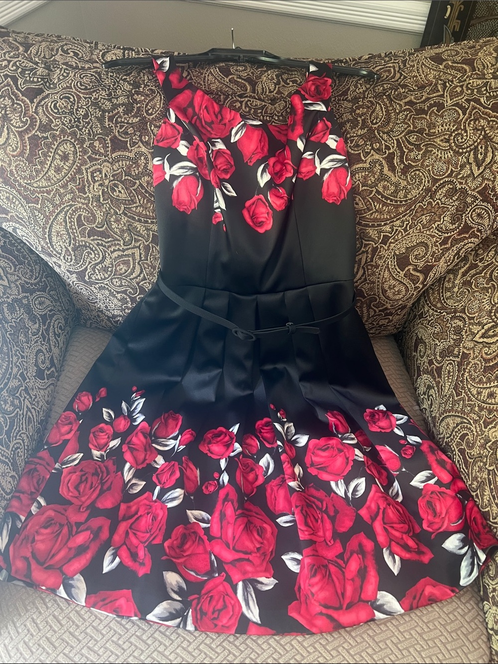 NWOT White House Black Market Black satin Dress with Red Rose Print